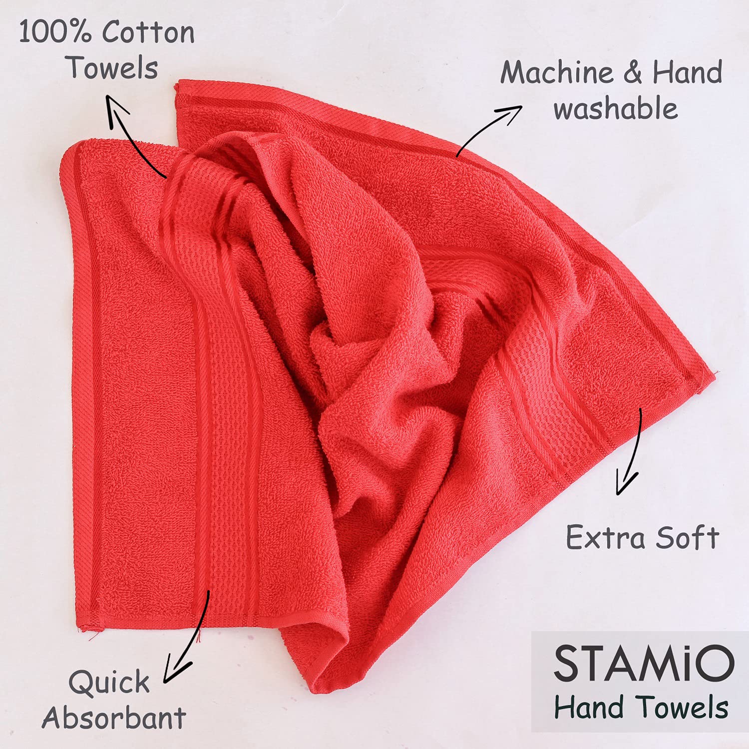 Stamio Cotton Hand Towel 425 Gsm For Men, Women, Home Use, Gym, Wash Basin | Soft, Absorbent, Quick Dry, Small Size Towels, Travel Friendly (Gajri) - Set Of 6
