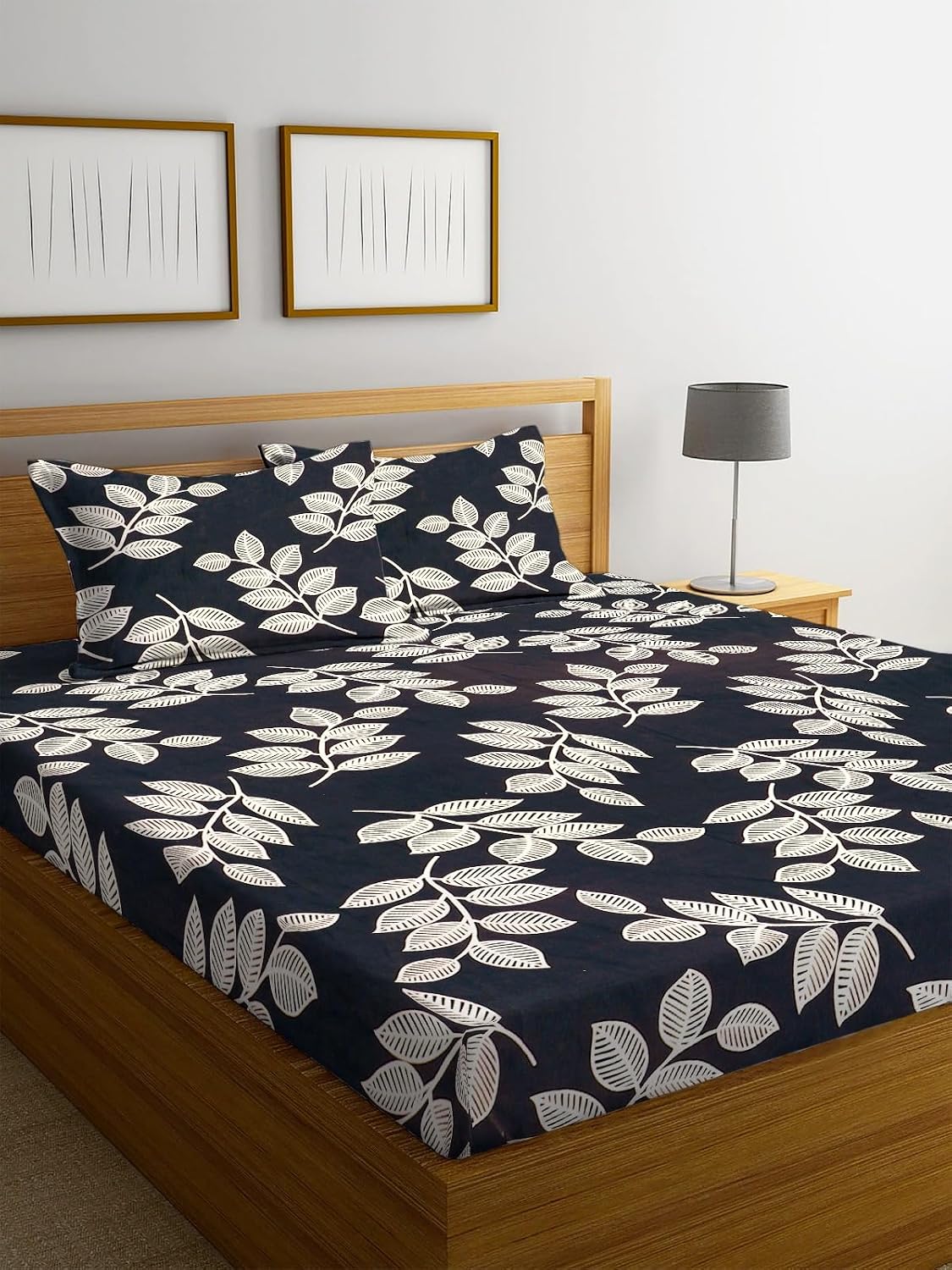 Premium Cotton Elastic Fitted Bedsheets With 2 King Size Pillow Covers - 72 X 78 + 10 Inches, Black & White | Super Soft Brushed Glace | Breathable & Wrinkle Free