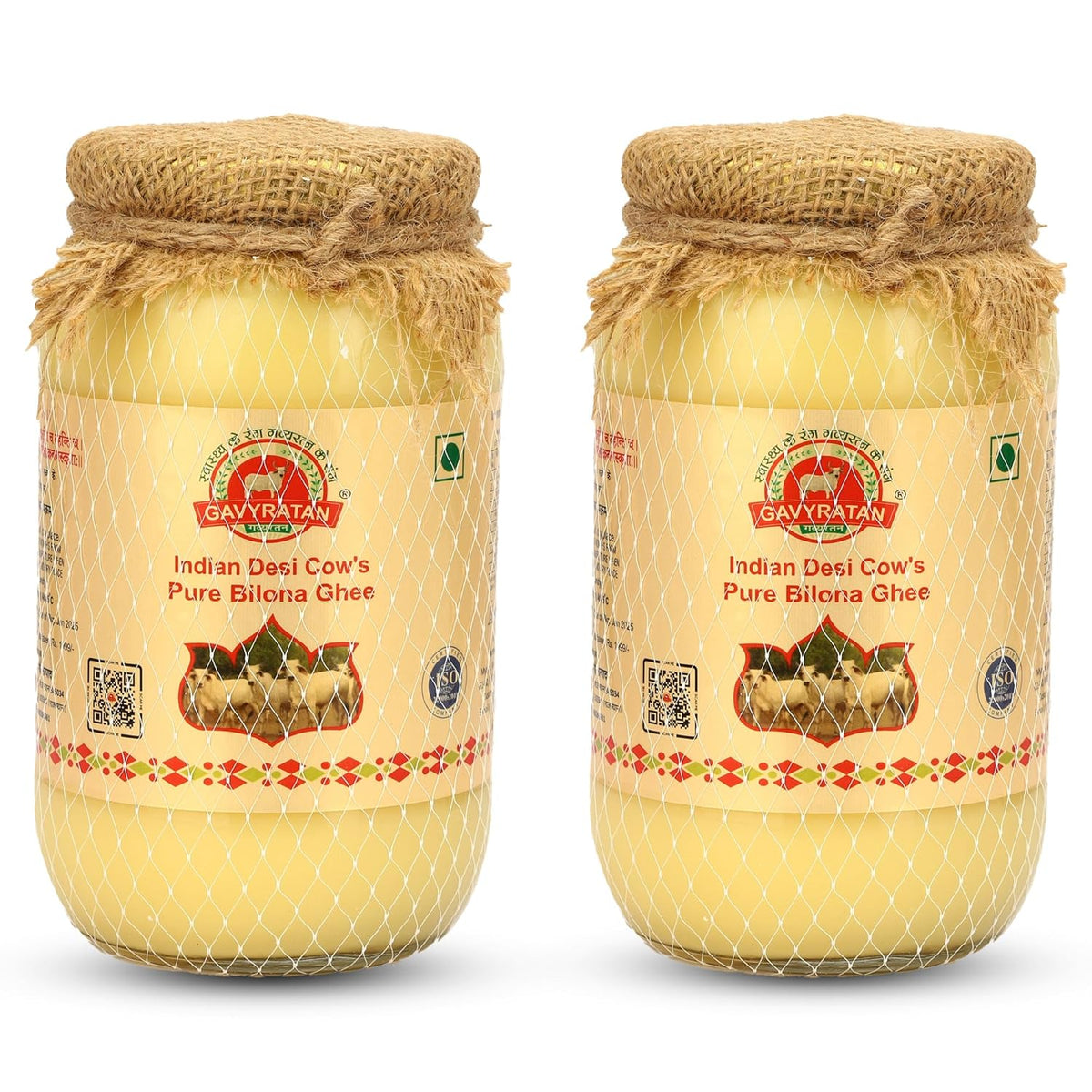 Pure Shudh Indian Desi Cow Bilona Ghee By Gavyratan | Made Using Traditional Bilona Method Pure Desi Ghee Good For Desserts | 1 Litre (500ml * 2) 33.8 Ounce | Jar Pack