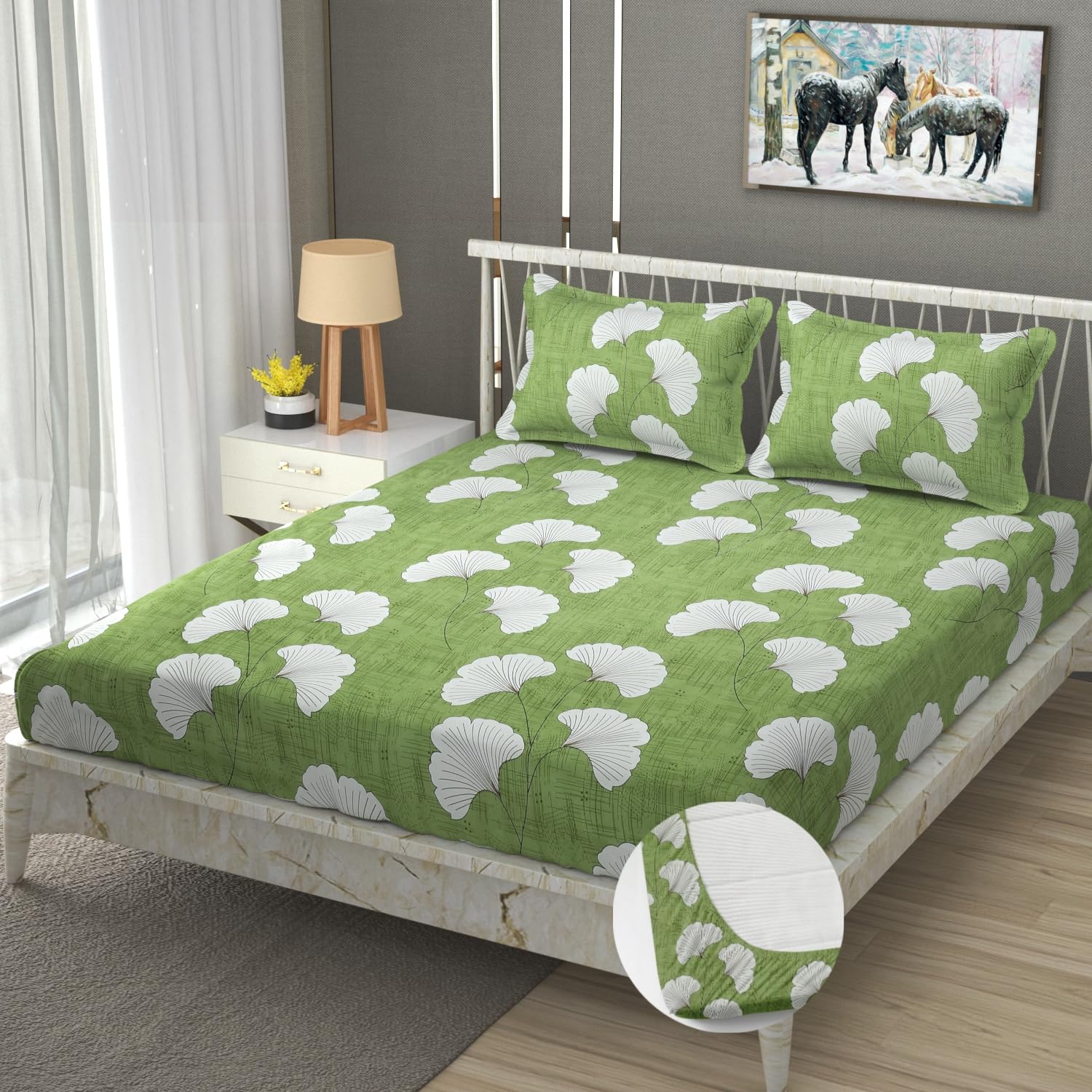 Double Bedsheet For Queen Size With Tow Pillow Cover - 72 X 72 Inches, Light Green | All Around Elastic Fitted Breathable & Durable, Soft Touch & Perfect For All Seasons