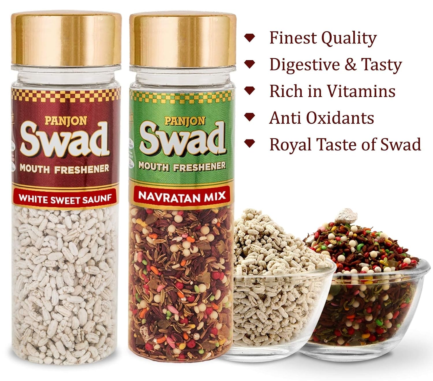 Panjon Swad Mouth Freshener White Sweet Saunf & Navratan Mix Elaichi Mukhwas 260gm, (130gm *2 Bottles)