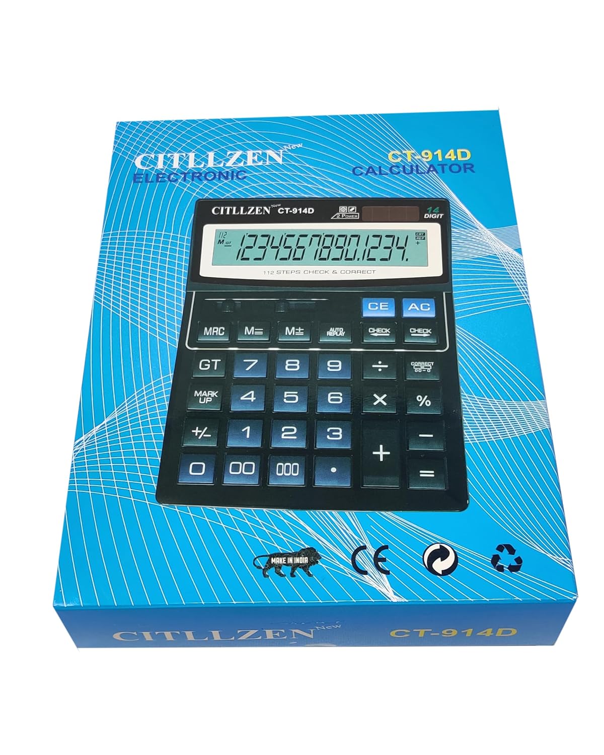 Eos OT-714D Series 14-digit Basic Calculator With 112-step Check, Metal Faceplate & Extra Large Display, Solar-powered Professional/home Use Calculator (Black)