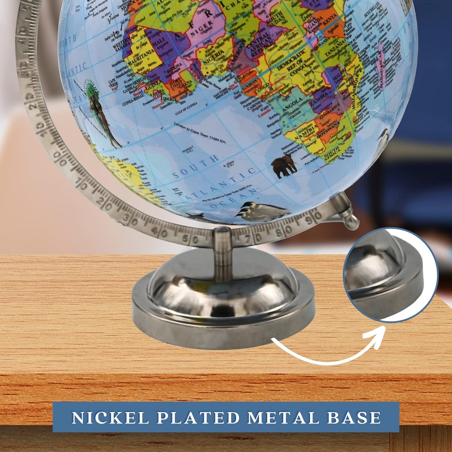 Educational 8 Inch Rotating World Globe With Chrome Finish Arc & Base, World Globe For Home Decor, Office Decor & Gifting For Students Learning, Pack Of 1