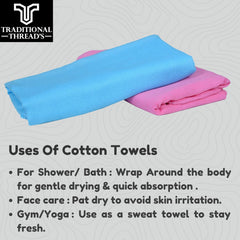 Traditional Thread'S 100% Cotton Large Size Bath Towel 600 Gsm | Ultra Soft, Absorbent, Light Weight & Quick Dry Bath Towel (Set Of 2) - Blue, Pink