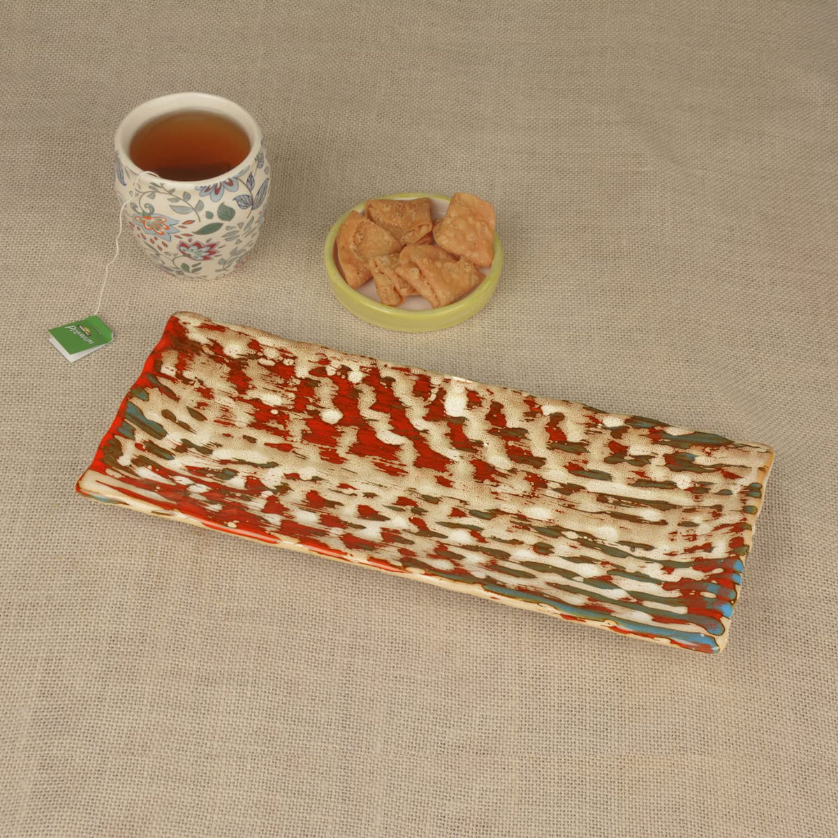 Hand Brush Stroke Design Ceramic Rectangular Platter - Multicolor, Length: 30 Cm, Width: 12 Cm | Starter Serving Tray