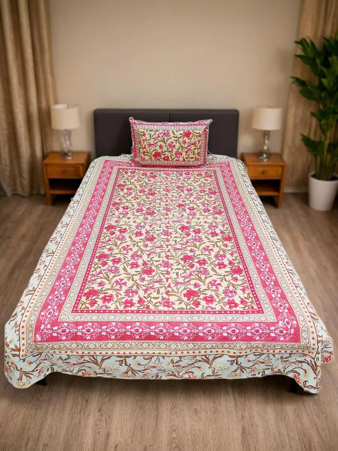 Cotton Single Bedsheet For Single Bed With 1 Pillow Cover - 60 X 90 Inches, Yellow & Pink | 240 Thread Count - Breathable & Lightweight | Perfect For All-Season Use
