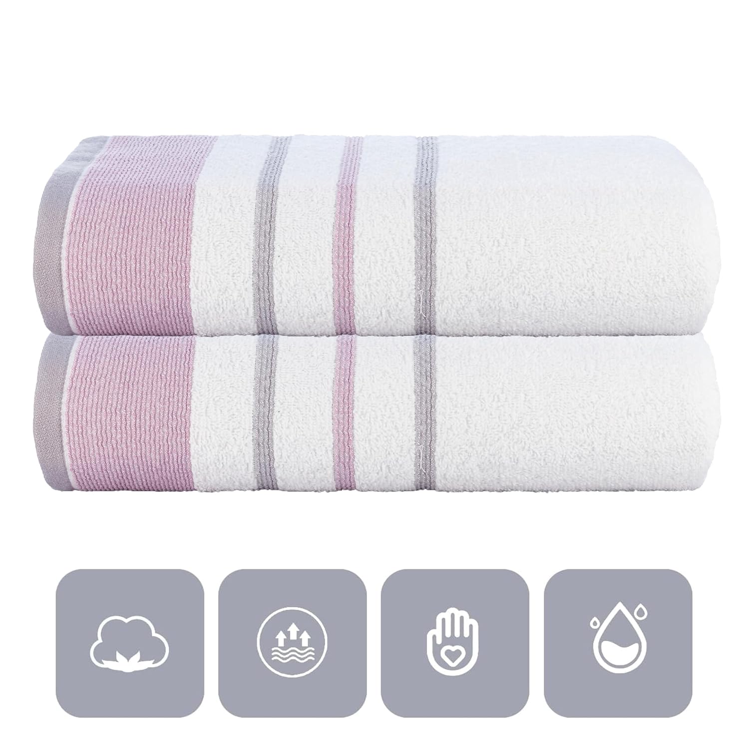 Casa Copenhagen Designed In Denmark White Bay Super Soft 2 Pieces 100% Cotton Large Bath Towel 525 Gsm - Lavender/Light Grey