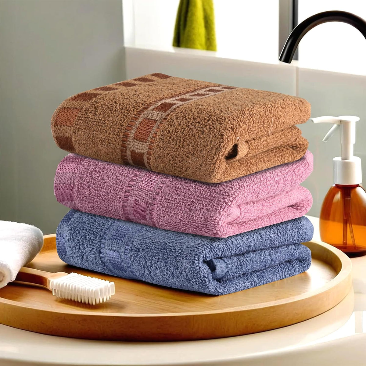 Heart Home Cotton Hand & Face Towels 600 Gsm | For Men & Women Easily Washable Workout Gym Towel - Dark Blue, Pink & Golden (Pack Of 3)