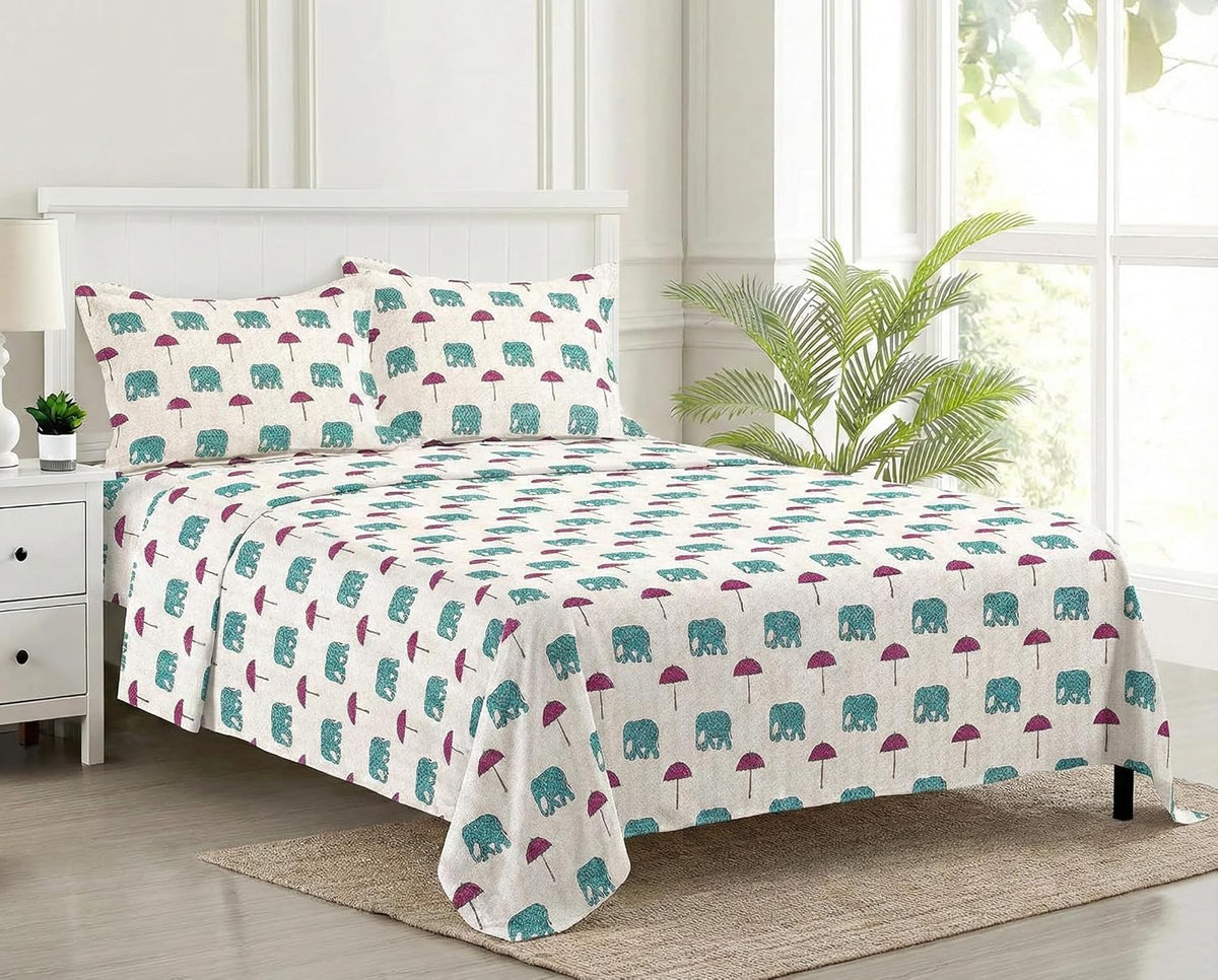Premium 100% Cotton Queen Size Bedsheet With 2 Pillow Covers - 86 X 104 Inches, Beige & Teal | 180 Thread Count Ultra Soft | Ideal For House, Guest Home, Hotel