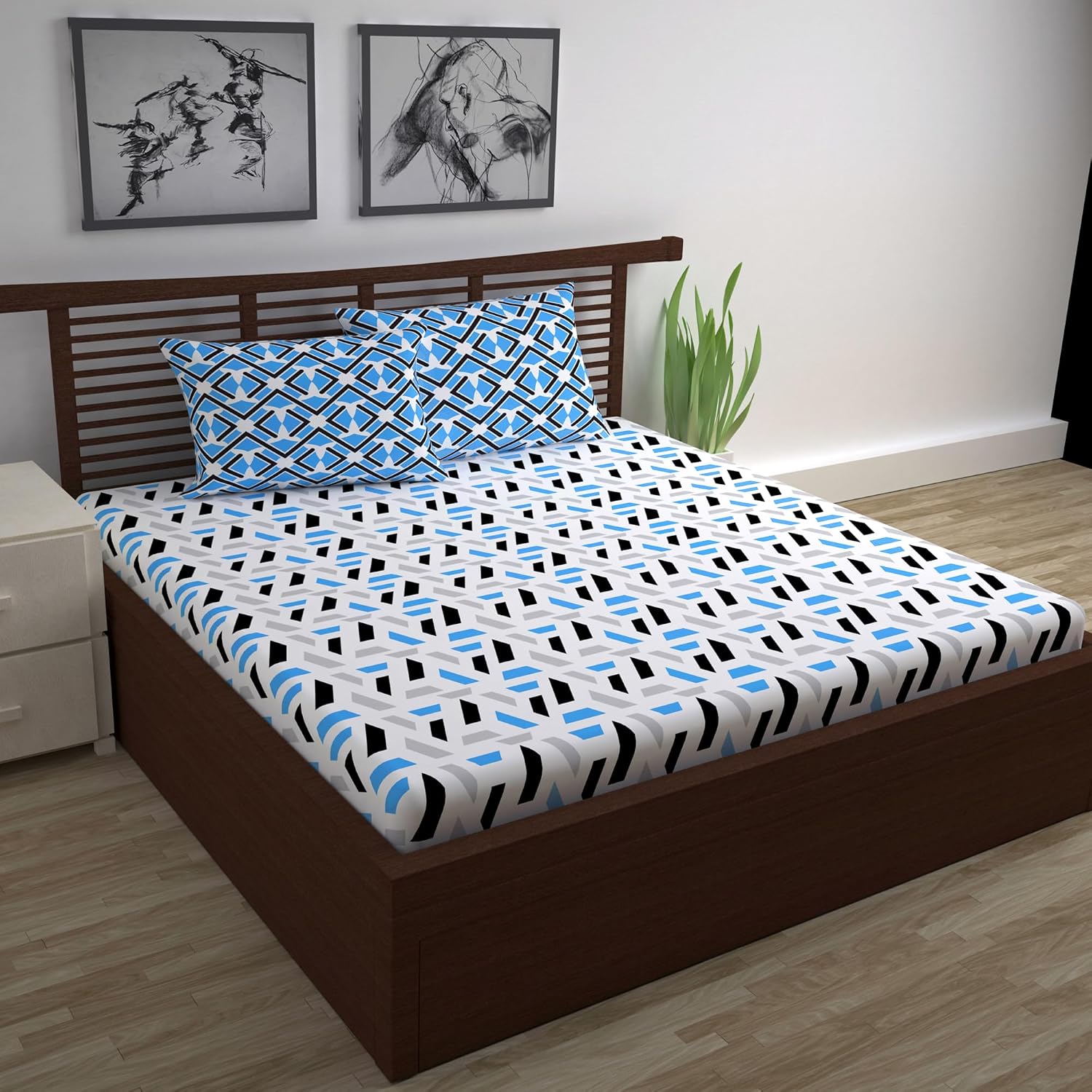Cotton Double Bedsheet With 2 Pillow Covers | 87 X 100 Inches, Grey & Blue - Soft & Breathable Fabric | Comfortable For Daily Use