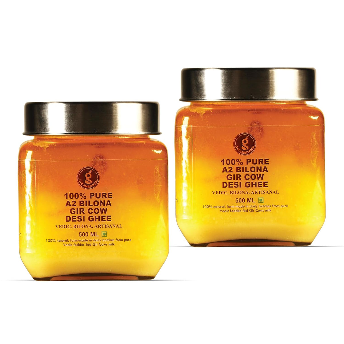 Premium A2 Bilona Gir Cow Desi Ghee By Gir Amritphal | Good Source Of Healthy Desi Cow Ghee For Glowing Skin | 1 Litre (500ml * 2) 33.8 Ounce | Container Jar