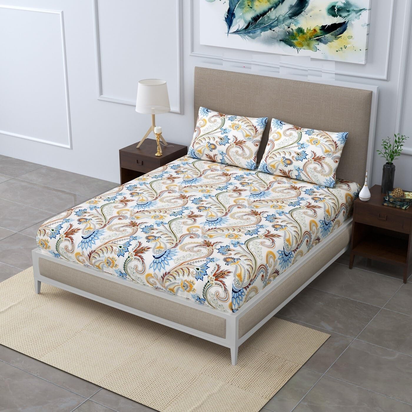 Super Soft Cotton King Size Bedsheet With 2 Pillow Cover + Comforter - 72 X 78 Inches, Multicolor | All Around Elastic Fitted | Skin Friendly & Long Lasting