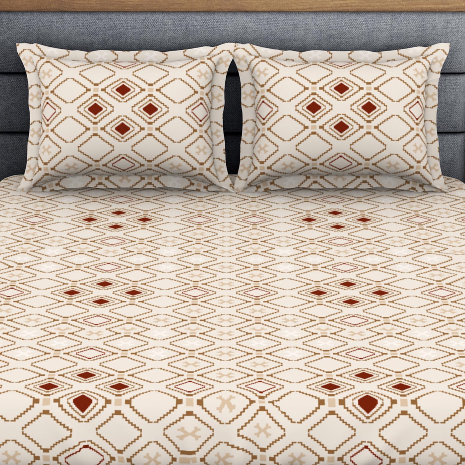 King Size 1 Double Bedsheet With 2 Pillow Covers - Size 108 X 108 Inches, Beige & Brown | Soft Feel Wrinkle Resistance | Durability & Comfort, Breathable