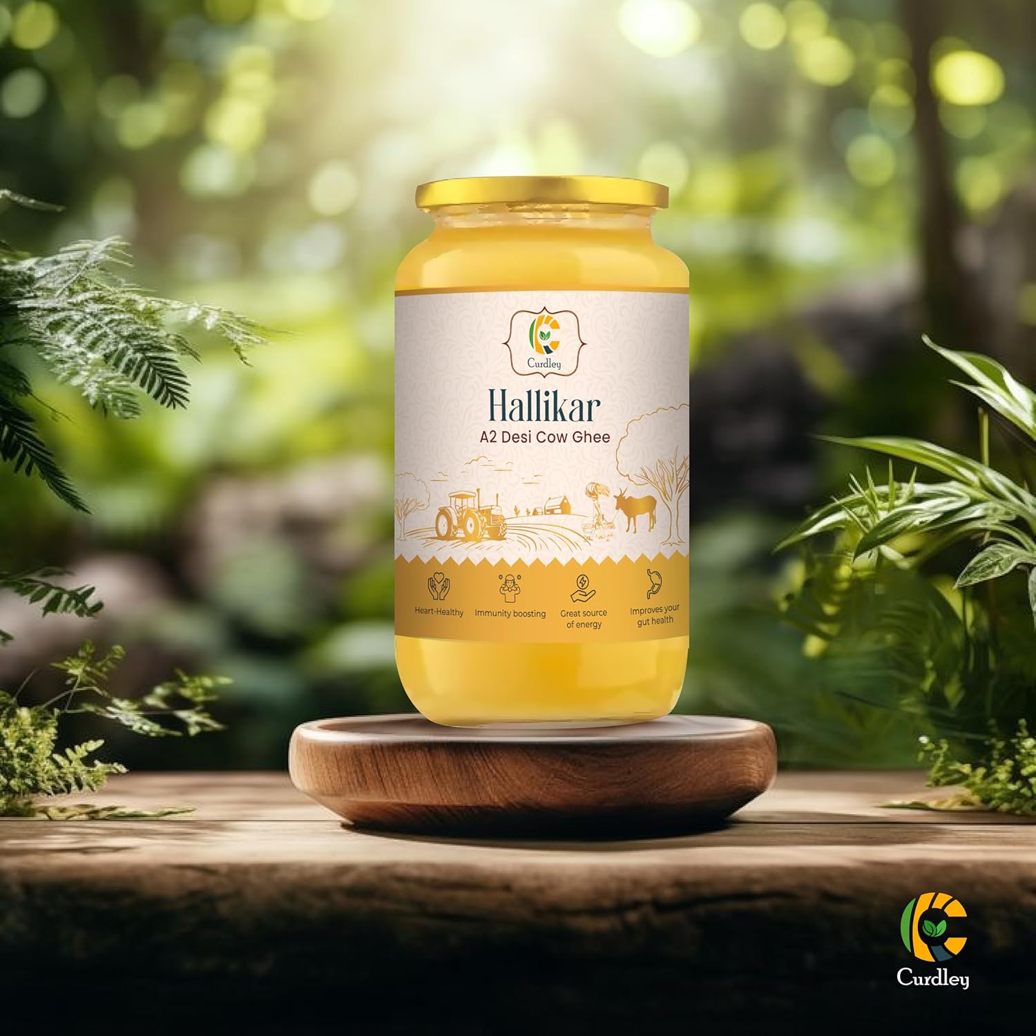 Organic Natural A2 Desi Hallikar Cow Ghee By Curdley | Great Source Of Energy Healthy & Nutrients Desi Cow Ghee For Glowing Skin | (500ml) 16.9 Ounce Jar Pack