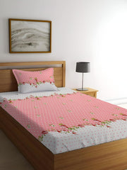Floral Print Cotton 1 Single Bedsheet With 1 Pillow Cover - 60 X 90 Inches, Pink & White | Soft & Breathable Fabric, Skin-Friendly Bed Sheet For All Seasons