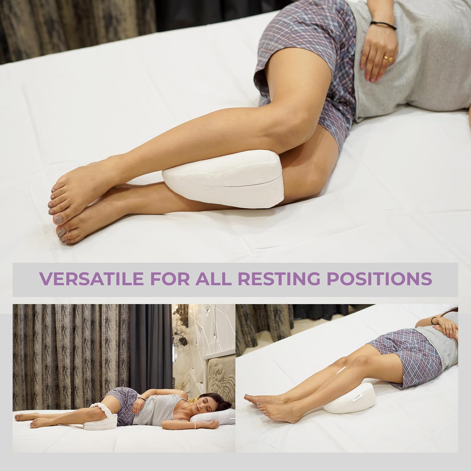 Memory Foam Knee Pillow For Sleeping, Leg Pillow For Pregnancy - White | For Back Pain, Side Sleepers, Sciatica & Knee Pain Relief | Knock Knee Pillow For Leg Support, Zipper Velvet Cover