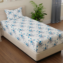 Print Single Size Bedsheet With 2 Pillow Cover - 55 X 88 Inches, White & Blue | Soft & Comfortable Feel To Your Skin | Machine Wash In Cold Water