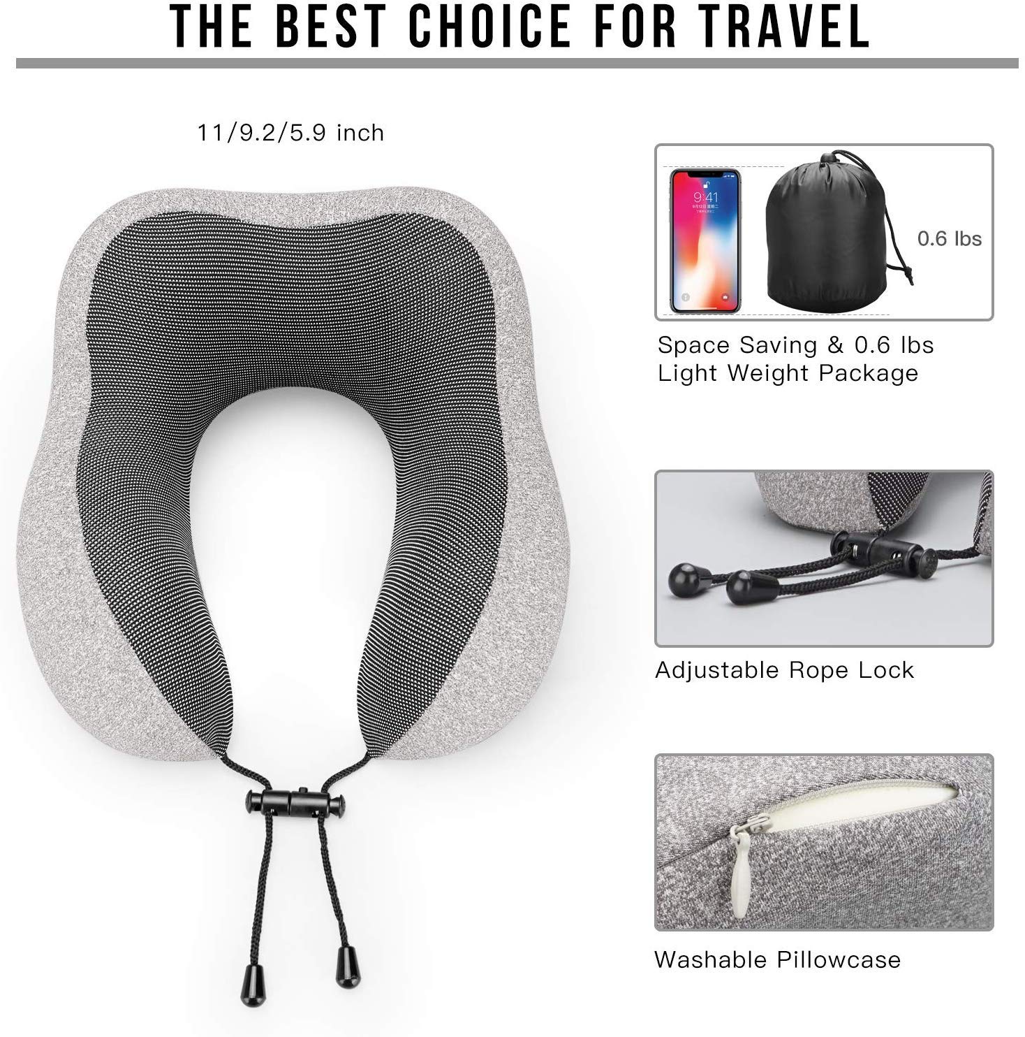 Travel Pillow Premium Memory Foam, Comfortable & Supportive Neck Pillow, Grey | Medium Size, Pain Relief Sleeping Neck Pillows For Travel, Airplane Pillow For Sleeping, Car, Office, Home
