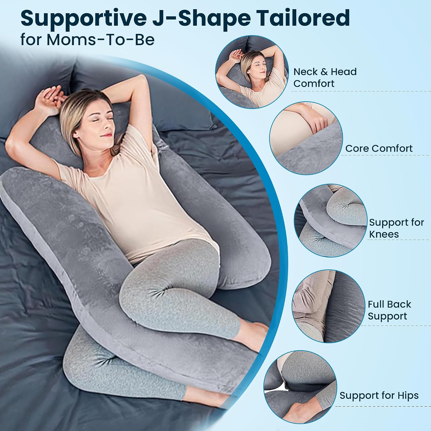 J Shape Full Body Pillow, Pregnancy Pillows For Sleeping, Dark Grey Color | Maternity Pillows For Back, Hips, Legs, Belly | For Pregnant Women With Removable, Washable Grey Velvet Cover