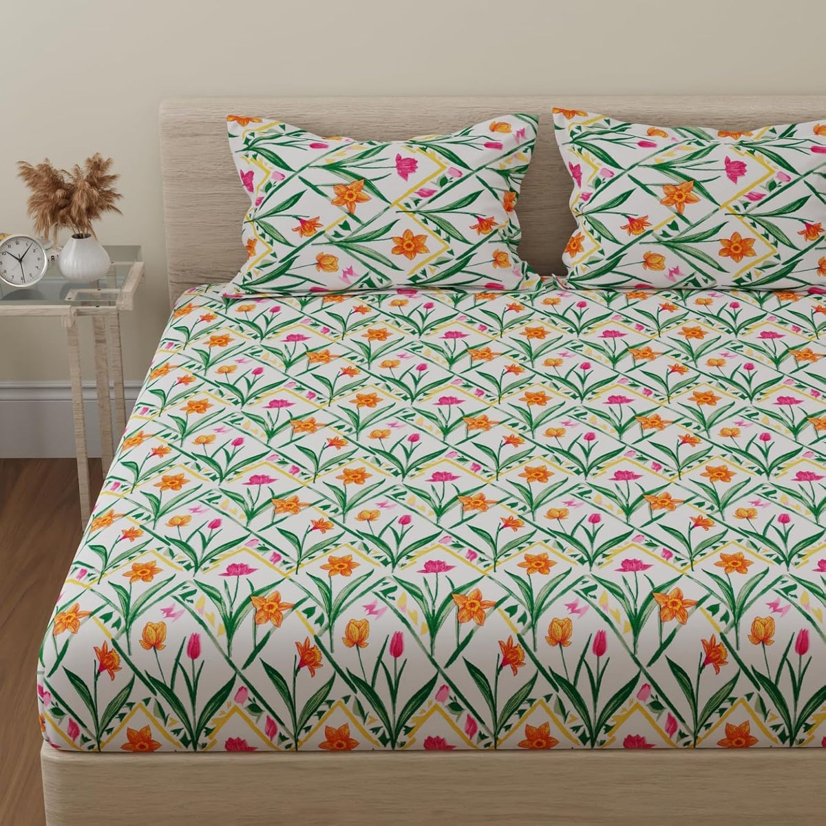 Double Bedsheet For King Size With 2 Pillow Covers - 108 X 108 Inches, Green & Yellow | Beautiful Print For Luxury Bedsheets