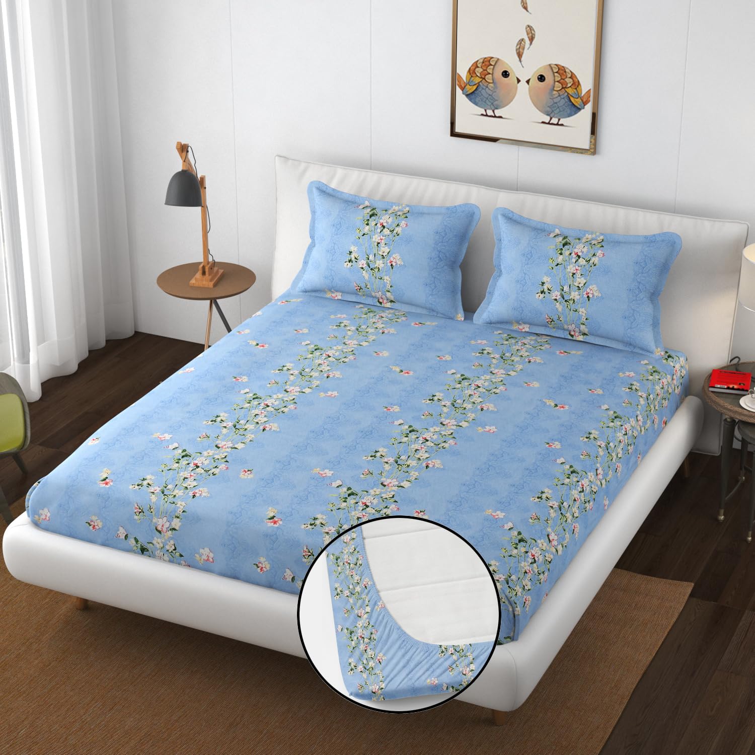 Elastic Fitted Double Bedsheets For King Size With 2 Pillow Covers - 72 X 78 X 10 Inches, Sky Blue | Premium Heavy Cotton All Around Elastic Fitted | Ideal For Hotel, Home, Bedroom