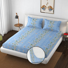 Elastic Fitted Double Bedsheets For King Size With 2 Pillow Covers - 72 X 78 X 10 Inches, Sky Blue | Premium Heavy Cotton All Around Elastic Fitted | Ideal For Hotel, Home, Bedroom