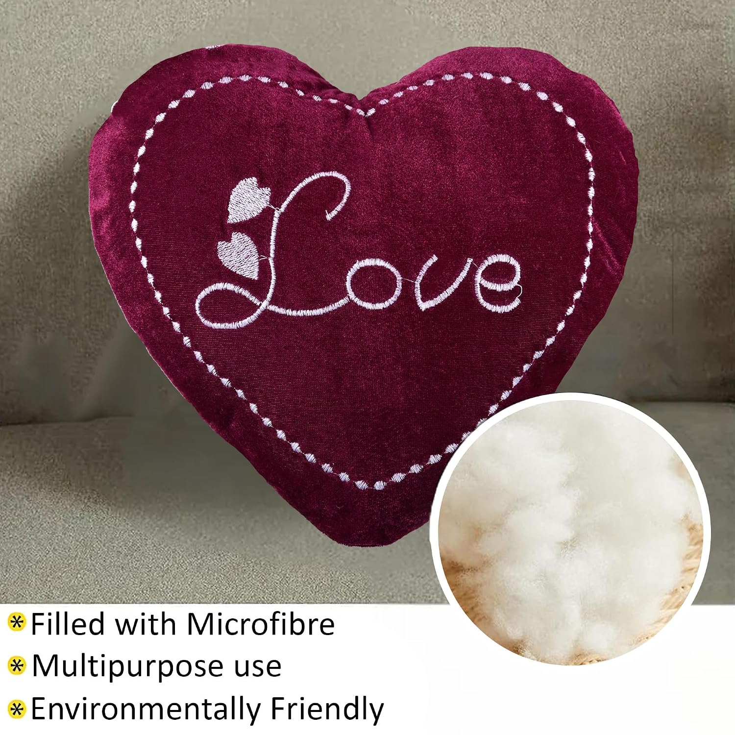 Heart Shape Pillow, Soft Cushion Pillow For Car & Room Decoration, Love Print - Cherry Red - 12 Inches | Decorative Plushie Cushions For Sofa & Bed | Head Rest, Multipurpose Use - Set Of 10