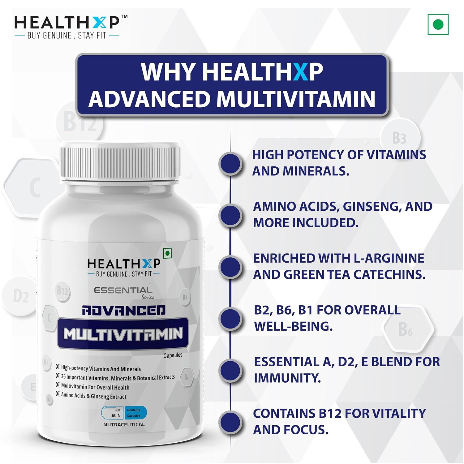 Healthxp Advanced Multivitamin Minerals Boosts Immunity Enhances Energy And Recovery | 60 Capsules , 100gm 0.2lbs