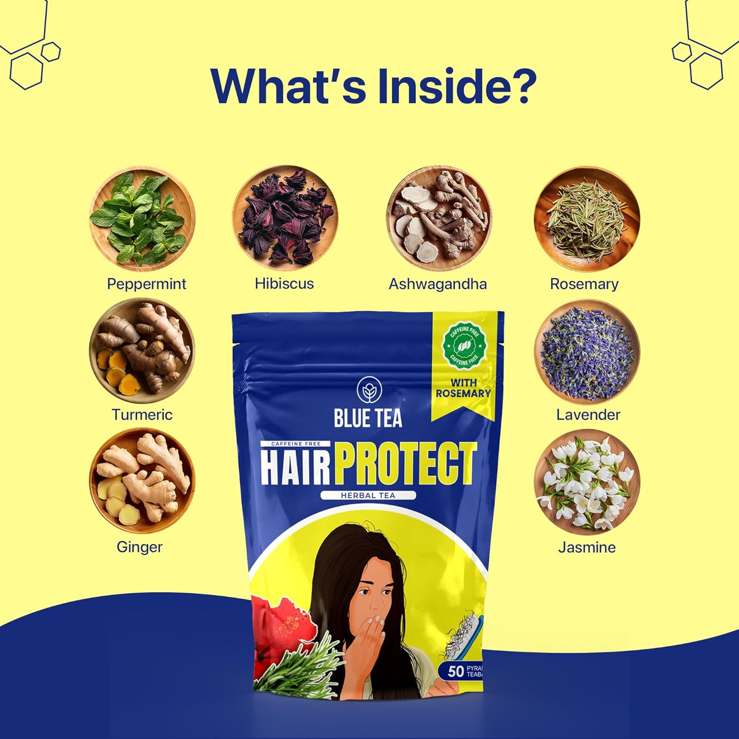 Blue Tea Caffeine Free Hair Protect Herbal Tea - 50 Pyramid Tea Bags In Zip Lock Pack | Antioxidants Support, Hair Protection - Gluten Free