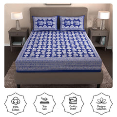 Handloom Printed Double Bedsheet For Queen Size With 2 Matching Pillow Cover | Size 90 X 100 Inches, Blue & White - Cotton Bedsheets For Double Bed | Soft & Smooth