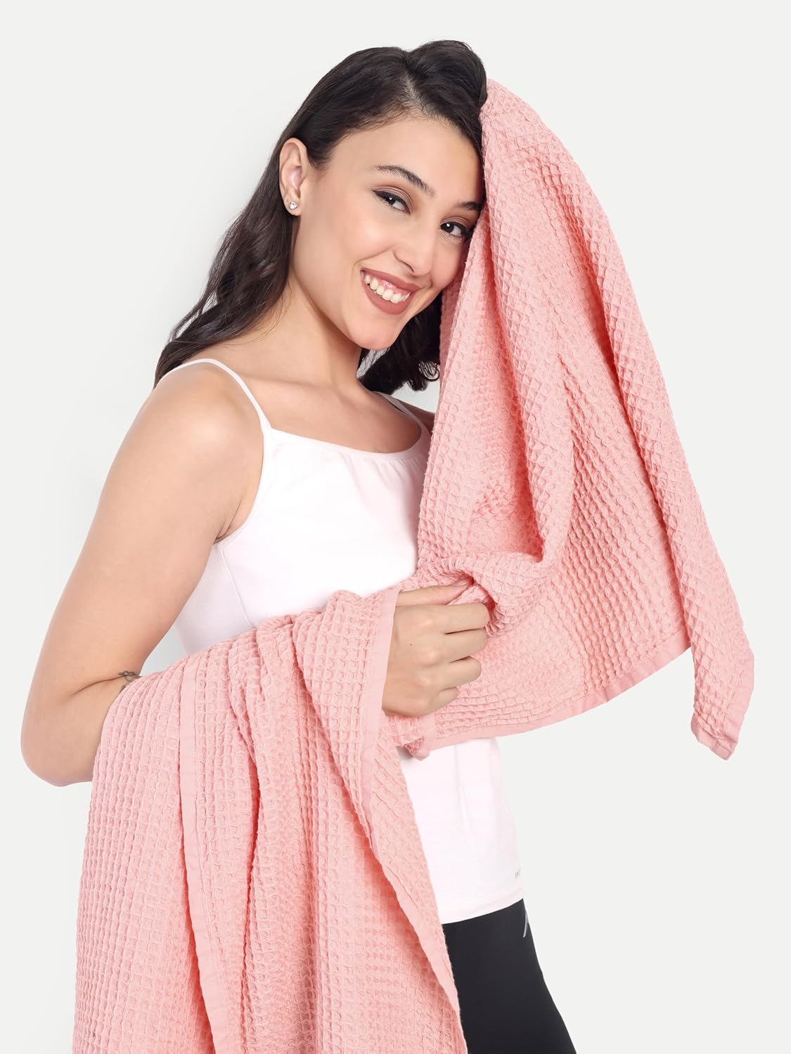 Hamelin The Ezra Waffle Weave Bath Towel 280 Gsm | Pure Cotton Lightweight & Water Absorbent Softer Touch, Quick Dry Towels For Women | Ideal For Travel (Soft Pink)