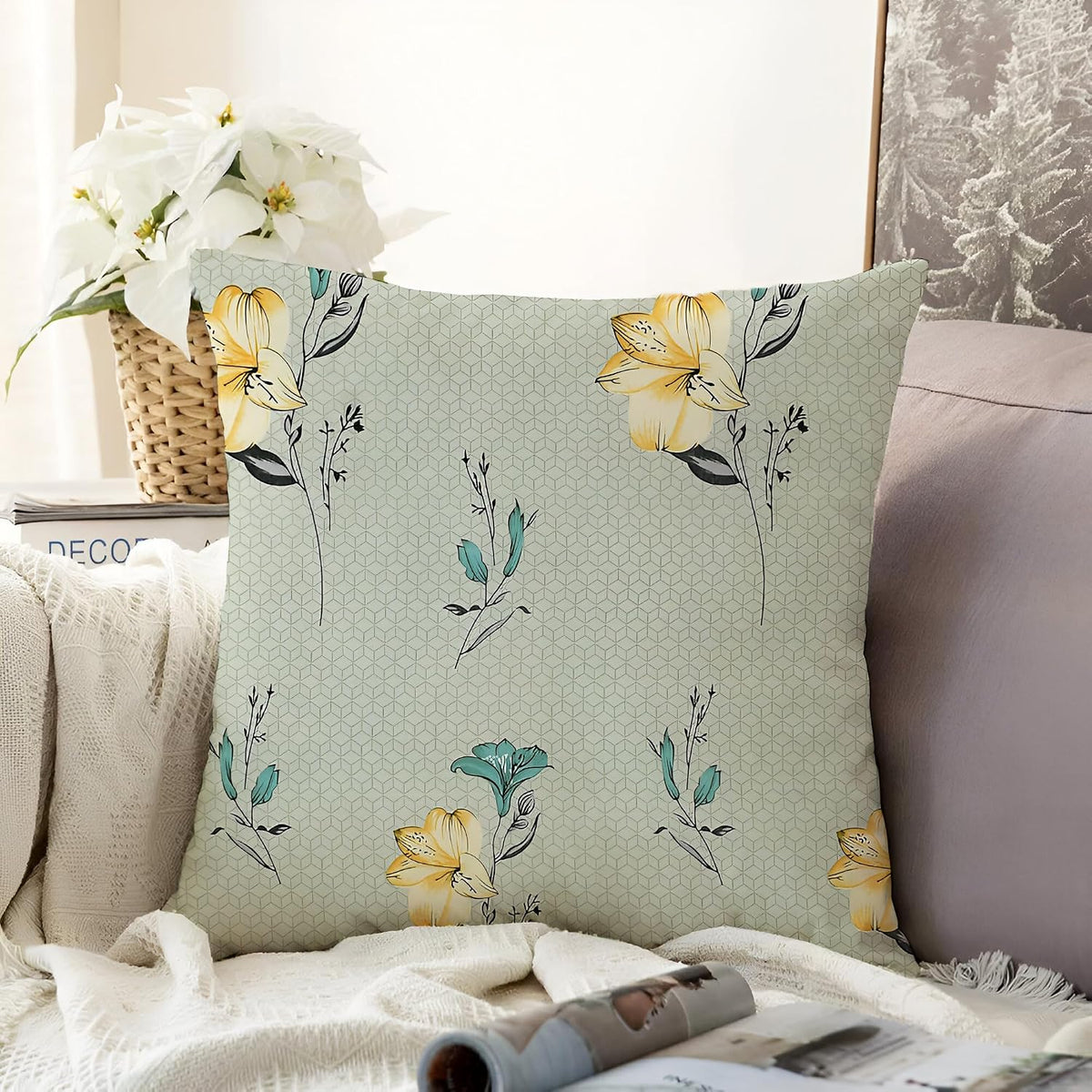 Microfiber Square Pillow Cushion For Sofa & Bed, Light Green - 16 X 16 Inch | Flower Deigns, Fluffy For Comfort & Back Support | Breathable, Premium Cotton Cushion Cover With Zip - Set Of 1