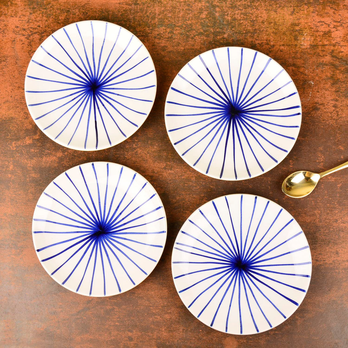 Ceramic Striped Quarter Dinner Serving Plates Set Of 4 - 7 Inches, White & Blue | Side Plates - Blue Kasa Line