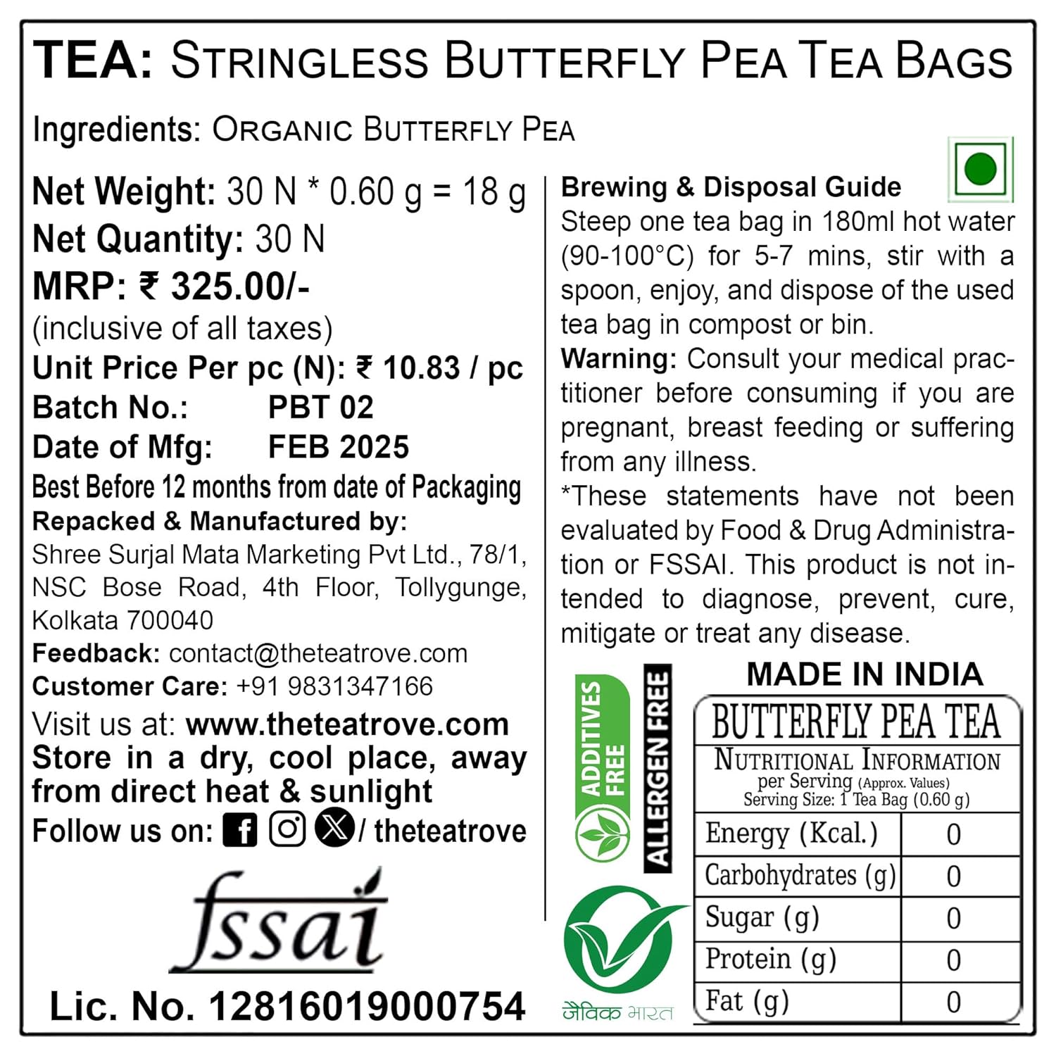 The Tea Trove Organic Butterfly Pea Herbal Tea Bags In Resealable Pouch - 30 Pyramid Tea Bags | Eco-Friendly Aprajita Flower Tea Bag - Blue Pea Flower Tea Coolers, Cocktails | Caffeine Free