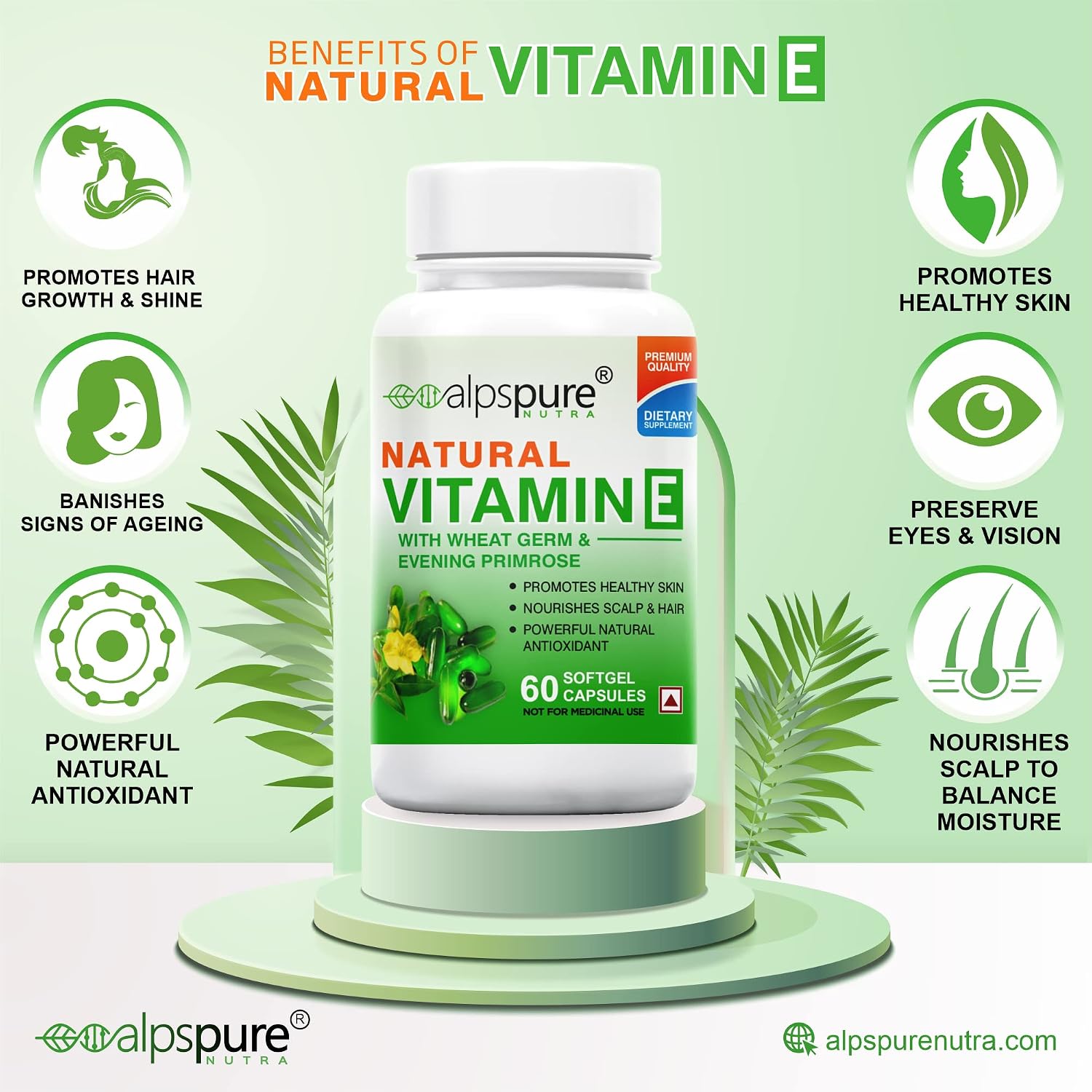 Alpspure Nutra Natural Vitamin E Softgel Capsules Natural Source For Skin, Hairs & Body Care, Immunity Booster, Controls Wrinkling & Skin Roughness | 60 Softgels , 100gm 0.2lbs
