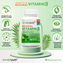 Alpspure Nutra Natural Vitamin E Softgel Capsules Natural Source For Skin, Hairs & Body Care, Immunity Booster, Controls Wrinkling & Skin Roughness | 60 Softgels , 100gm 0.2lbs