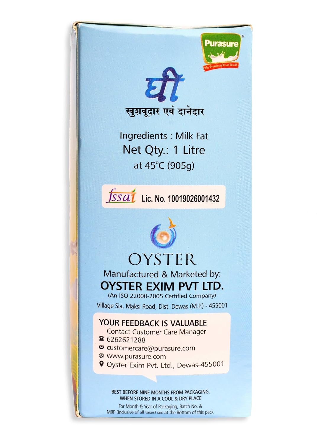 Natural Premium Desi Ghee By Purasure | Rich In Vitamin A, D, E & K Healthy Desi Ghee For Laddus | (1 Litre) 33.8 Ounce | Box Pack