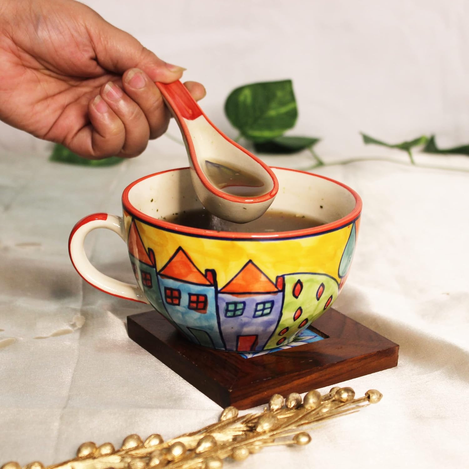 Exotic Panorama Hand Painted Handled Ceramic Soup Bowls With Spoons Set Of 2 - 300ml Each, Multicolor | Serving Bowls With Matching Spoons | Ceramic Soup Cups - Microwave Safe & Dishwasher Safe