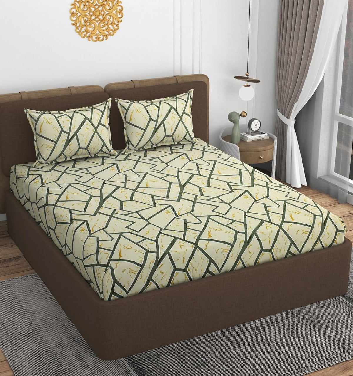 1 Double Bedsheet With 2 Pillow Covers Size 60 X 78 X 8 Inches, Cream | Cotton Feel All Around Elastic Fitted - Queen Size Bedsheets, Super Soft