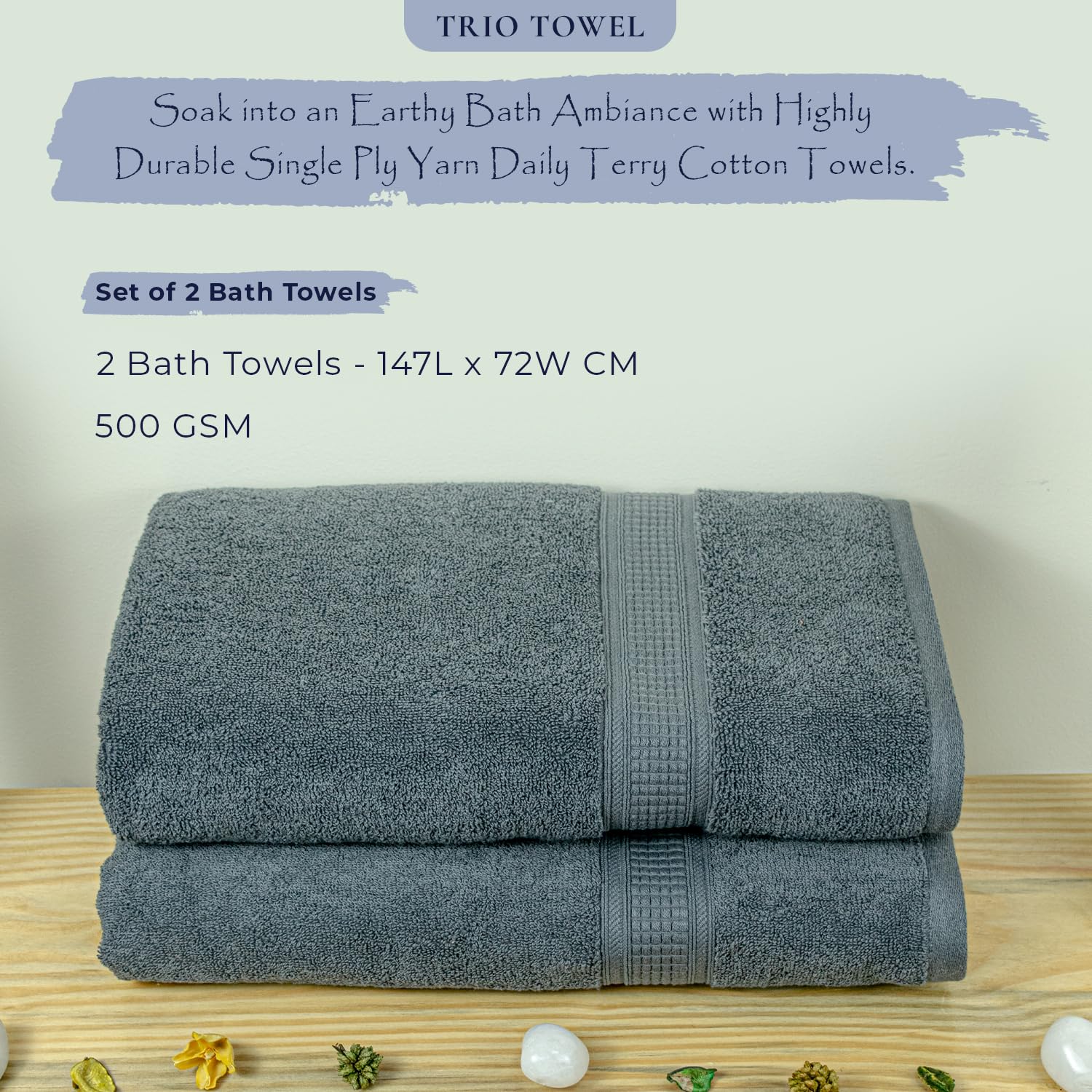 Rangoli 100% Cotton Fibre Bath Towel 1000 Gsm | Highly Durable & Super Absorbent Towel | Skin-Friendly & Quick Drying Luxury Towels (Grey) - Pack Of 2