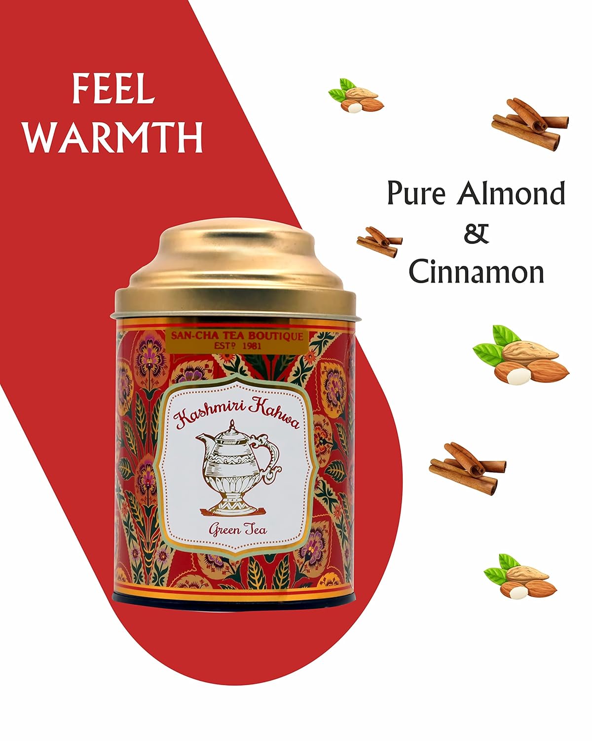 San-Cha Kashmiri Kahwah Green Tea - 50gm, 1.7 Ounce | Pure Almond & Cinnamon - Environment Friendly & Made In Corn Fiber | Low Caffeine