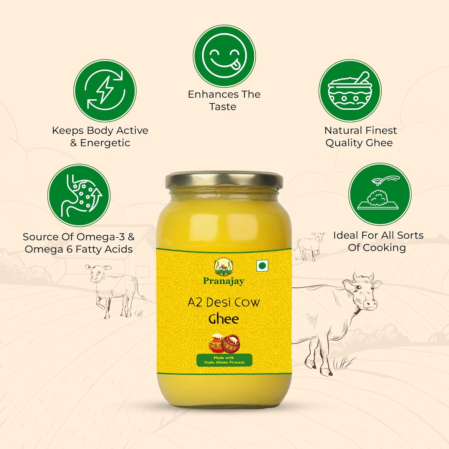 Premium A2 Desi Cow Ghee By Pranajay | Highly Nutritious & Healthy Vedic Bilona Method Desi Ghee Good For Laddus | 2 Litre (500ml * 4) 67.6 Ounce | Jar Pack