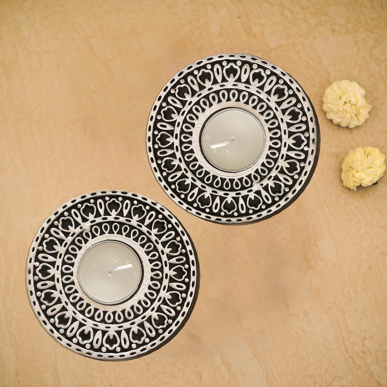 WOODEN ROUND BLOCK MANDALA STAMP PRINTING TEA LIGHTS CANDLE SET OF 2 TABLE DECOR