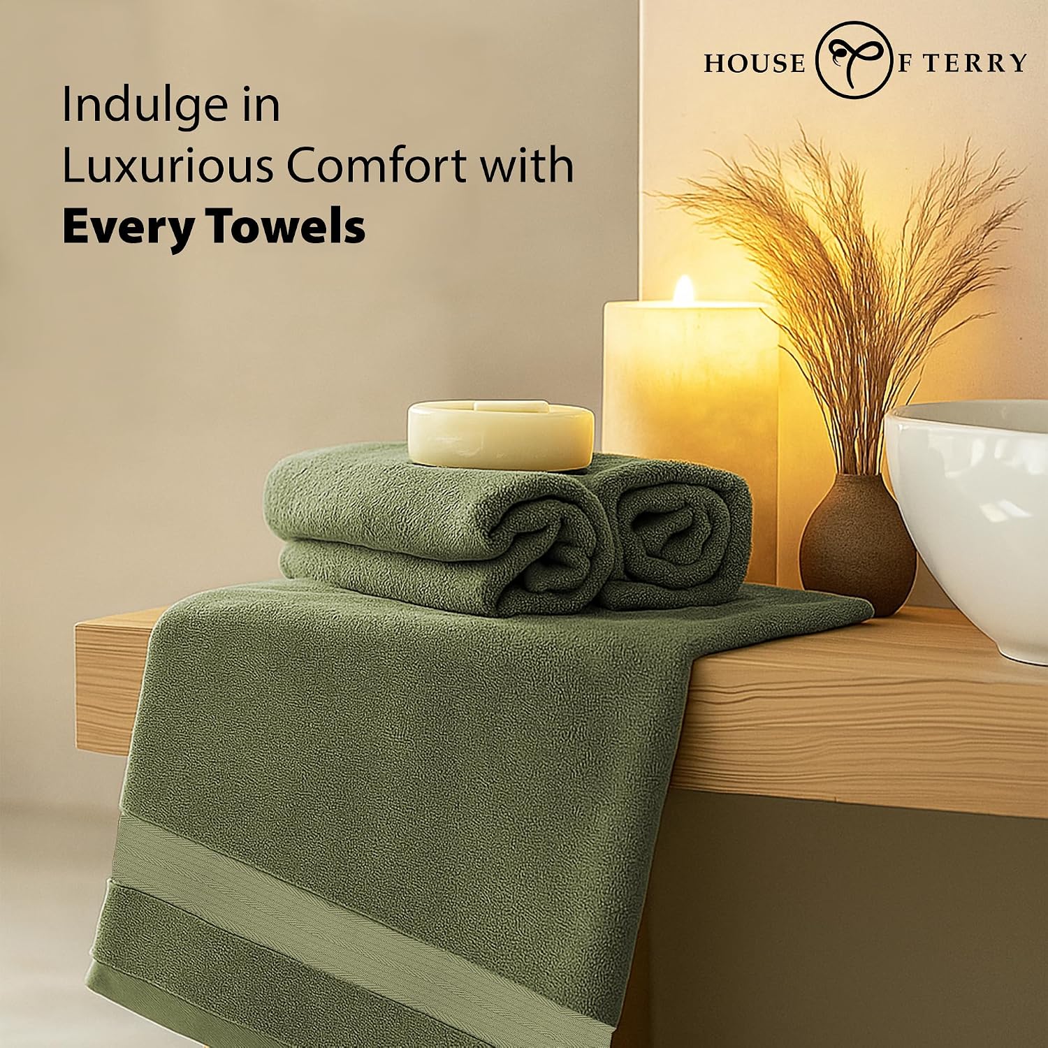 House Of Terry 100% Cotton Bath Towel 1000 Gsm | Quick Dry, Soft & Absorbent, Fade-Resistant, Skin-Friendly Large Size Towel (Olive Green & Blue) - Pack Of 2