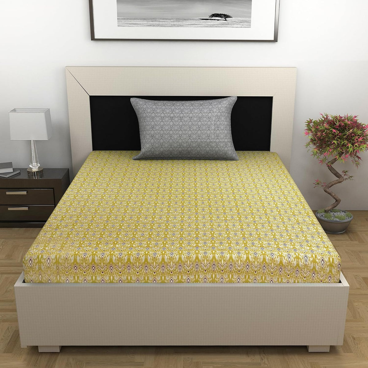 100% Cotton Single Bedsheet With 1 Matching Pillow Covers - 57 X 87 Inches, Grey & Green | All Weather Comfort & Bedroom - Softness & Natural Breathability