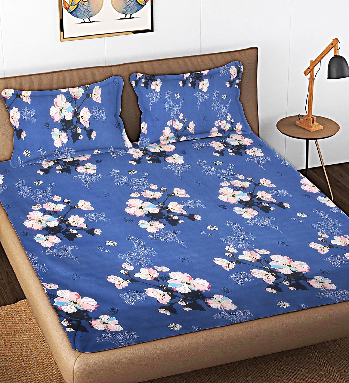 Premium Cotton Bedsheet For King Size With 2 Pillow Cover (90 X 90 Inches) Blue & Pink | Long-Lasting & Luxuriously Soft | 210 Thread Count Bedsheet