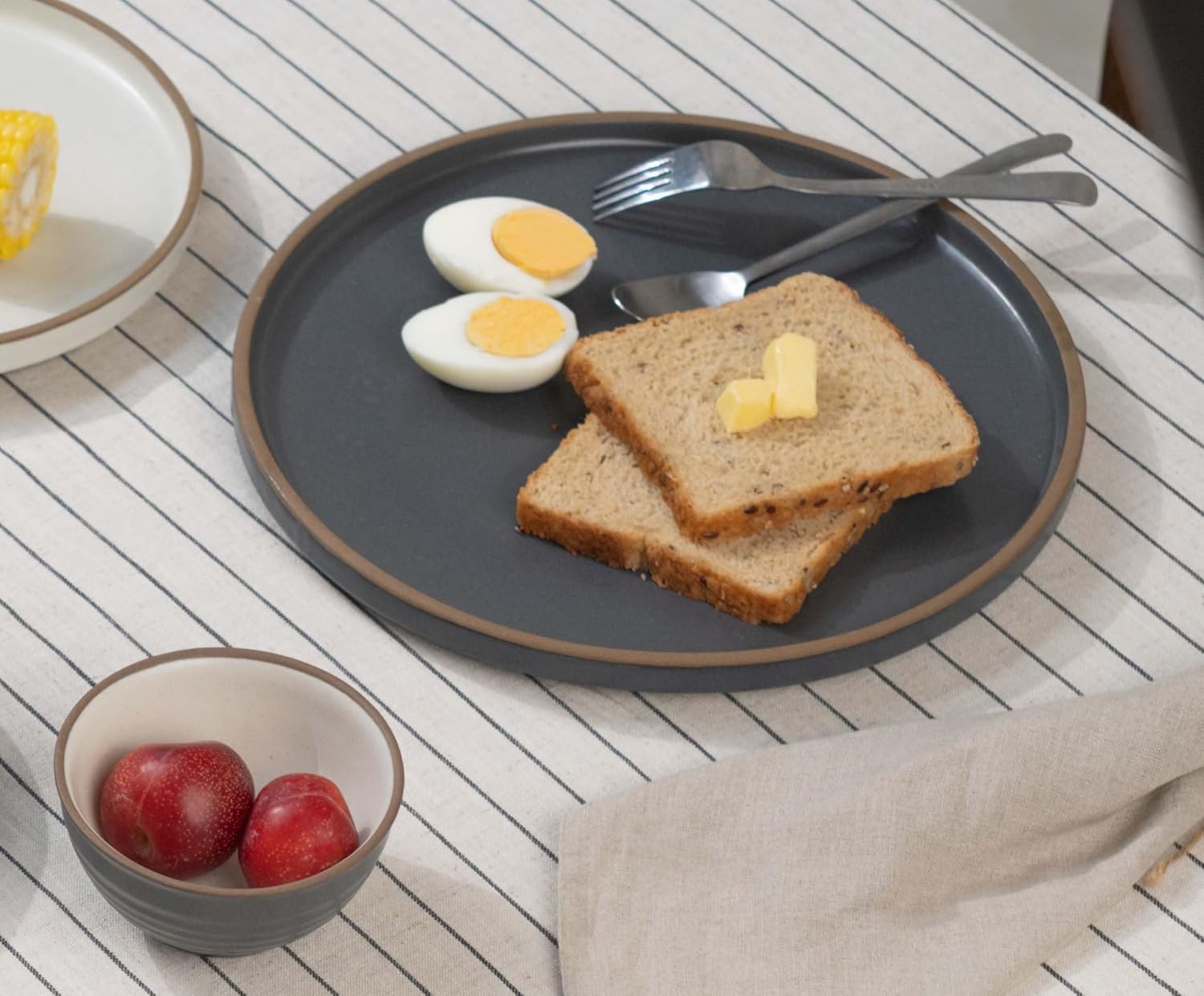 Ceramic Japandi Dinner Set - 12 Pcs, Grey & White | Crockery Set - Ceramic Dinner Set With Matte Finish | Dinner Set Ceramic | 6 Dinner Plates + 6 Veg Small Bowls, 220ml Each