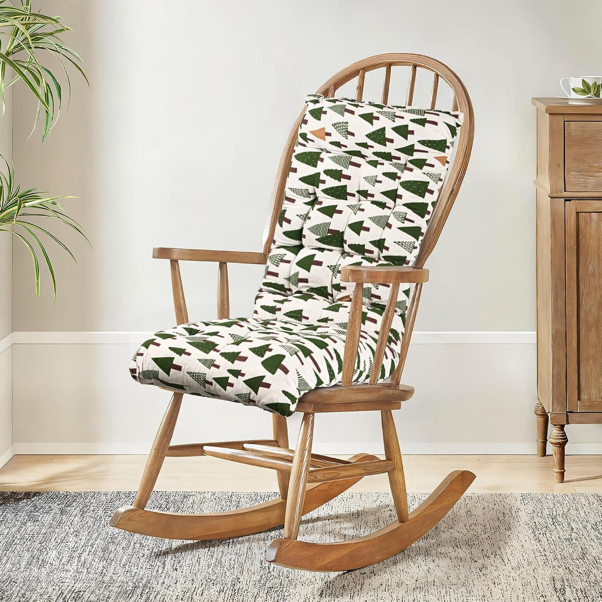 Extra Long Chair Cushion For Comfortable Sitting, Tree Printed - Green - 18 X 48 Inch | Rocking Chairs For Indoor & Outdoor | Cushion For Home, Office | Back Rest Support Cushion With Ties