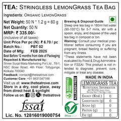 The Tea Trove Organic Lemon Grass Herbal Tea Bags In Resealable Pouch - 50 Pyramid Tea Bags | Environmentally Friendly Packaging - Eco Friendly, Medium Caffeine