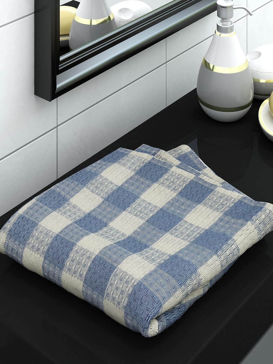 Athom Living Premium Cotton Light Weight Quick-Dry High Absorbent Cotton Bath Towel 250 Gsm, (Blue Checks)